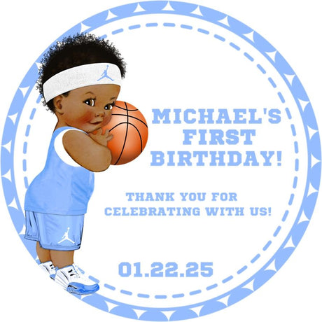 Basketball 1st birthday sticker with baby boy character