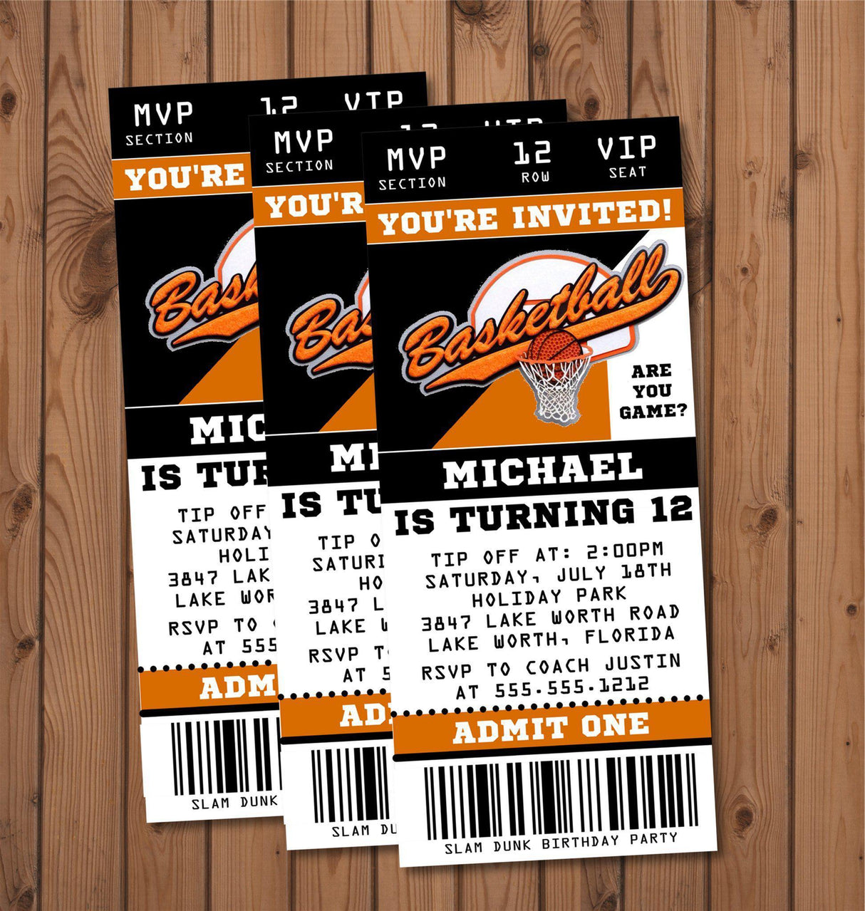 Basketball ticket invitation featuring basketball themed artwork and admission ticket layout