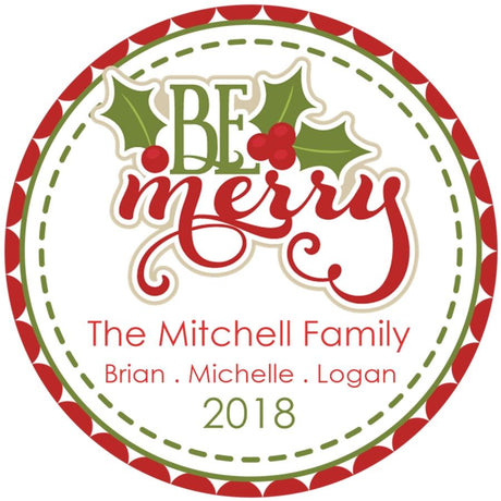 Be Merry Christmas sticker with holly design and red green border
