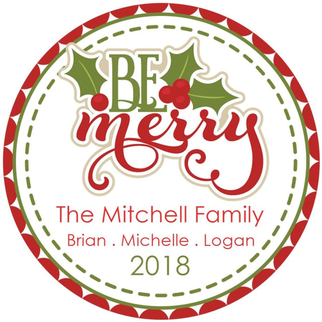 Be Merry Christmas sticker with holly design and red green border