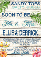 Beach wedding invitation featuring sandy toes salty kisses wording with tropical palm leaves