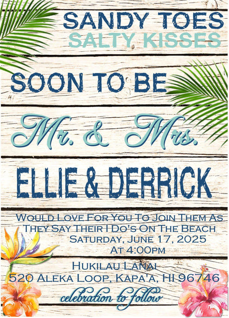 Beach wedding invitation featuring sandy toes salty kisses wording with tropical palm leaves