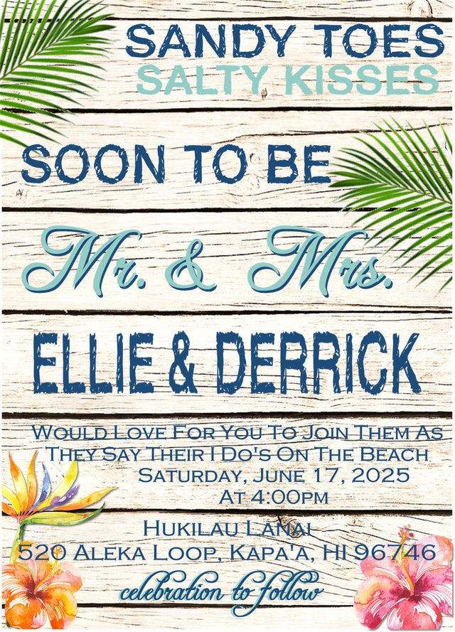 Beach wedding invitation featuring sandy toes salty kisses wording with tropical palm leaves