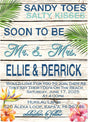 Beach wedding invitation featuring sandy toes salty kisses wording with tropical palm leaves
