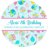 Birthday party favor stickers with blue polka dot present pattern