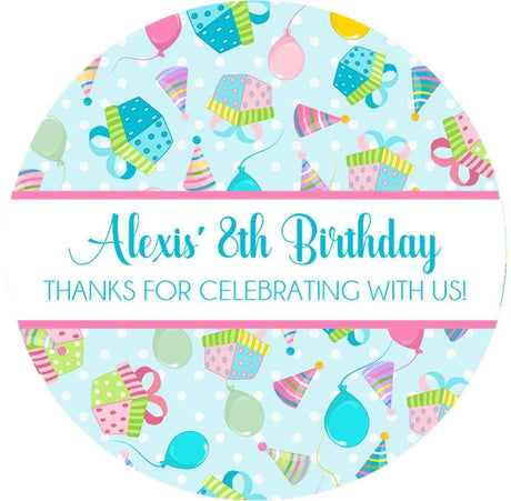 Birthday party favor stickers with blue polka dot present pattern
