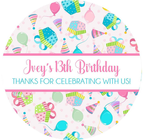 Birthday party favor stickers with pink polka dot present pattern