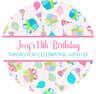 Birthday party favor stickers with pink polka dot present pattern