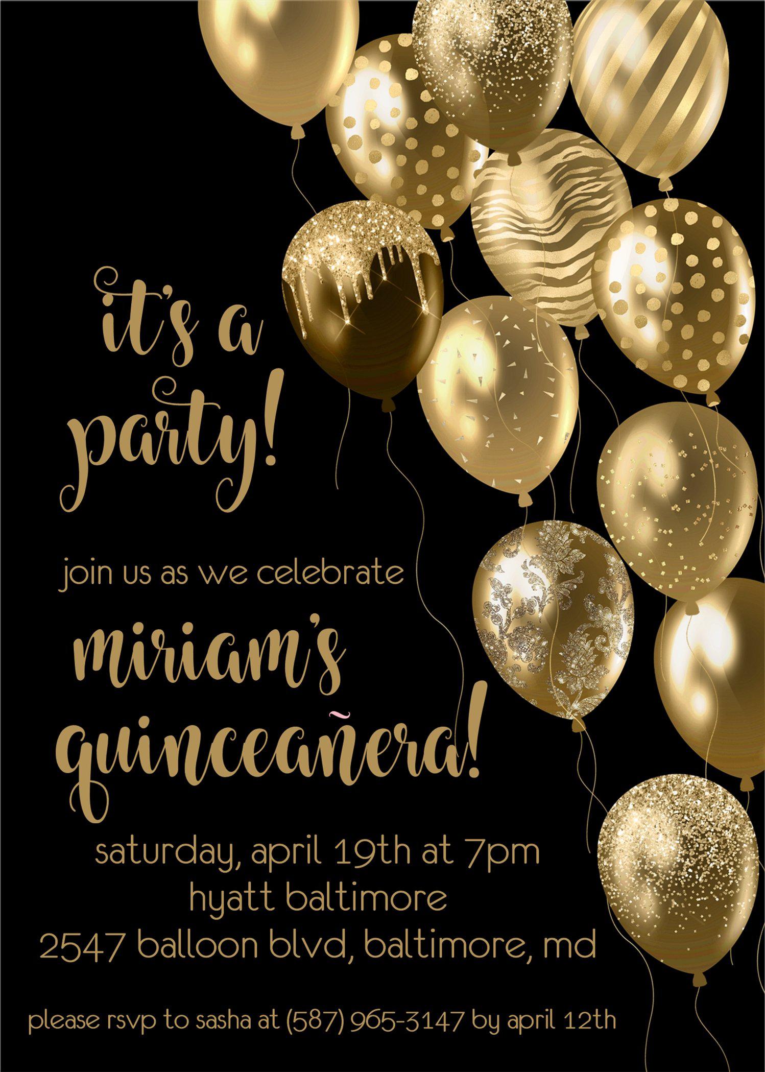 Black And Gold Balloon Quinceanera Invitations
