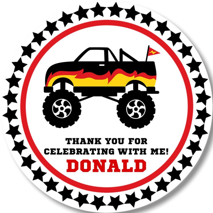 Black, Red And Yellow Monster Truck Birthday Party Stickers Or Favor Tags