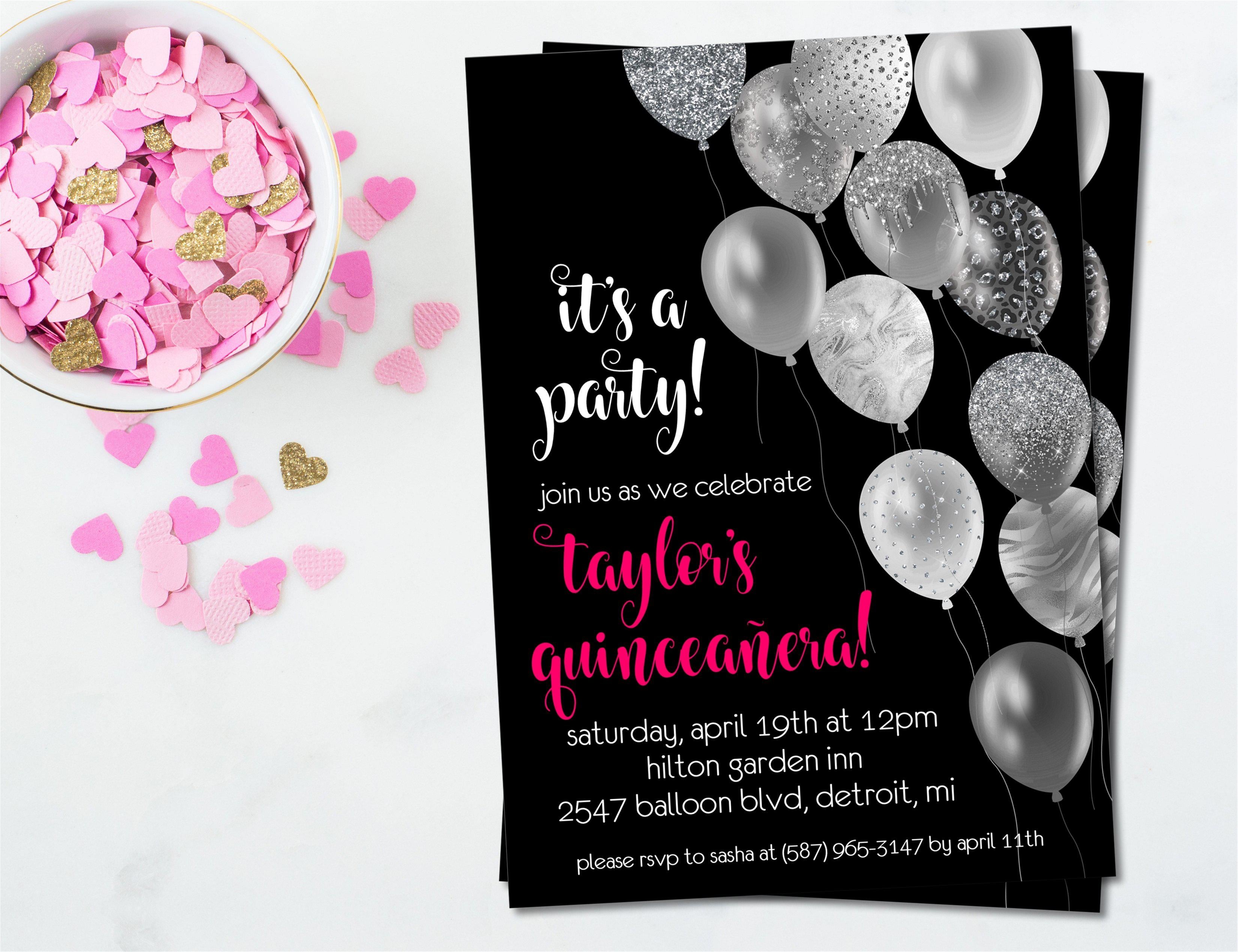 Black, White And Hot Pink Balloon Quinceanera Invitations