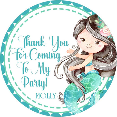 Black-haired watercolor mermaid birthday sticker with teal tail