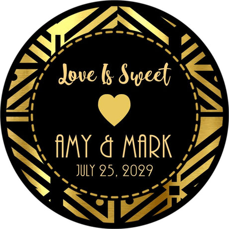 Black and gold Great Gatsby wedding sticker with art deco border