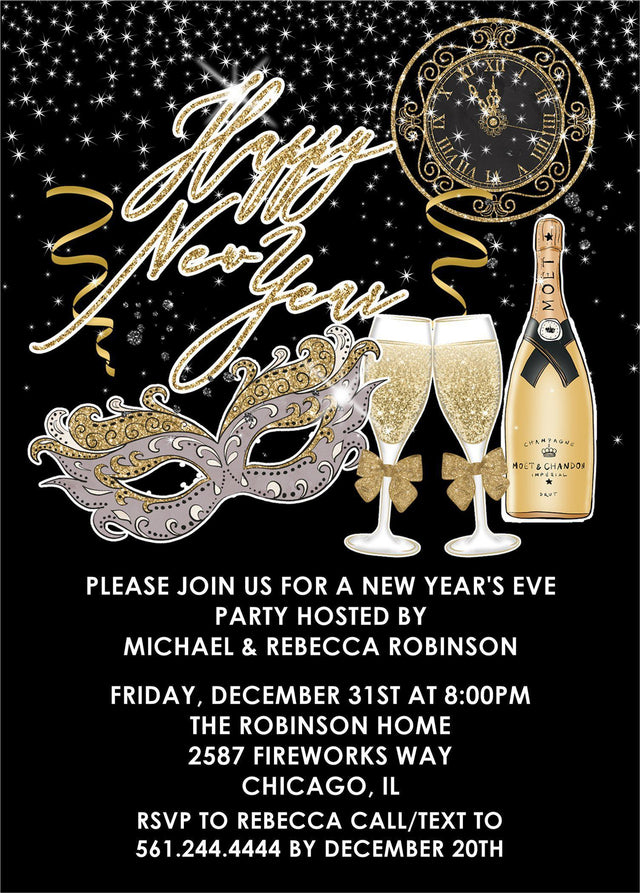 Black and gold New Year's Eve invitation collection featuring champagne glasses and countdown celebration artwork