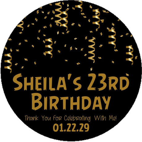Black and gold confetti birthday sticker design
