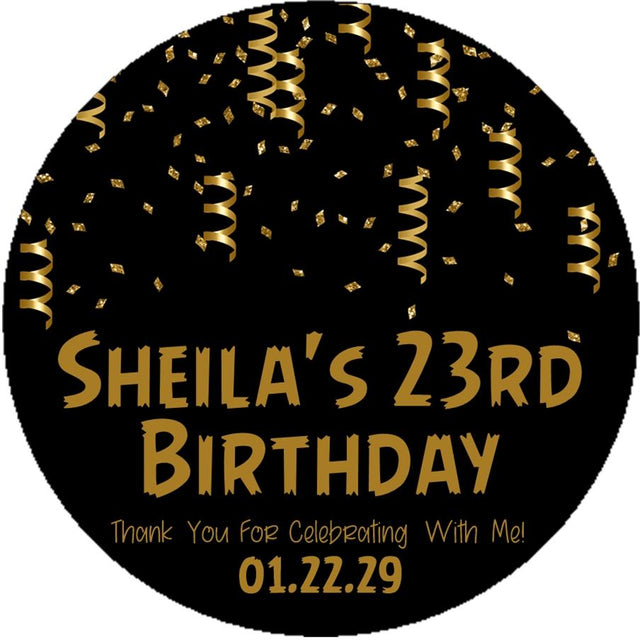 Black and gold confetti birthday sticker design