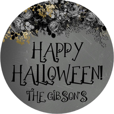 Black and gold floral Halloween sticker with personalized family name