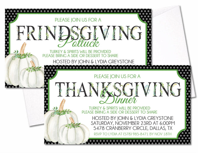 Black and green Thanksgiving dinner invitation with floral lettering and pumpkins