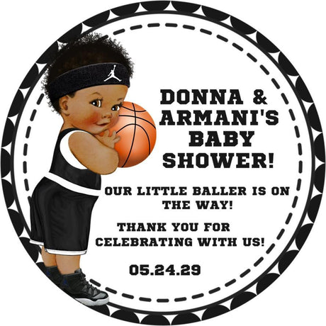 Black and white basketball baby shower sticker with baby boy holding basketball
