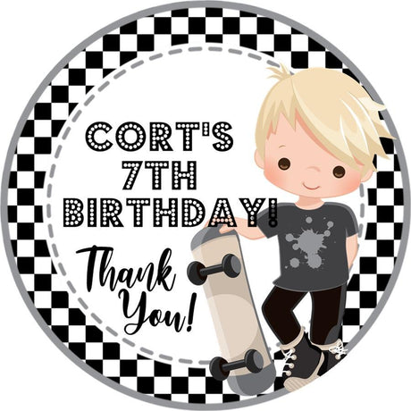 Black and white skateboard birthday sticker with skater character
