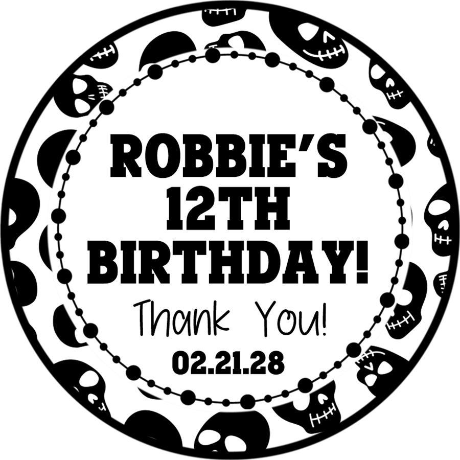 Black and white skull birthday sticker with personalized text