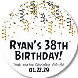 Black gold and silver confetti birthday sticker