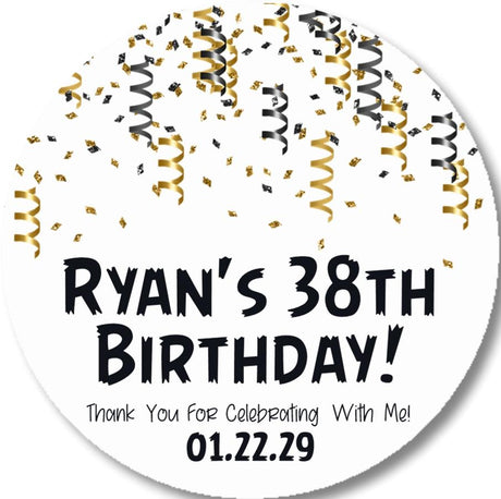 Black gold and silver confetti birthday sticker