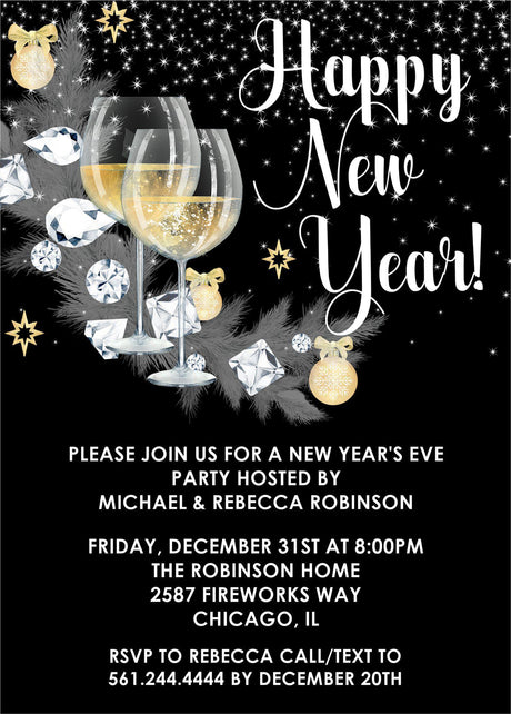 Black gold new years eve party invitations