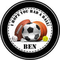 Black sports birthday favor label with mixed sports balls and personalized name.