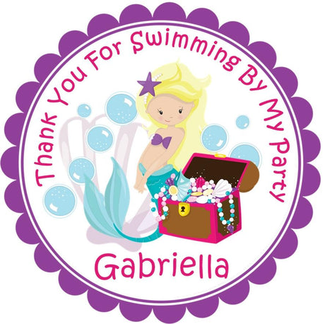 Blonde mermaid birthday sticker with treasure chest and bubbles