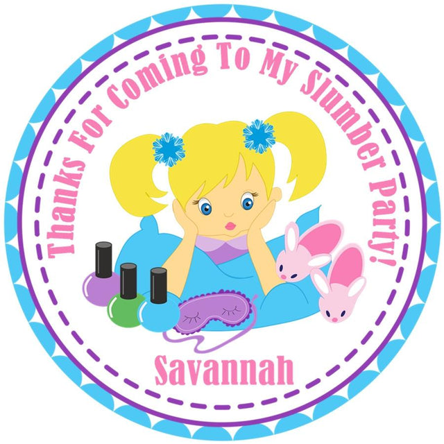 Blonde slumber party birthday sticker with nail polish and slippers