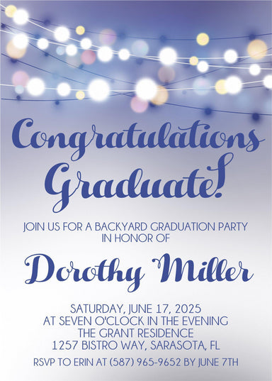 Blue And White Bistro Lights Graduation Party Invitations