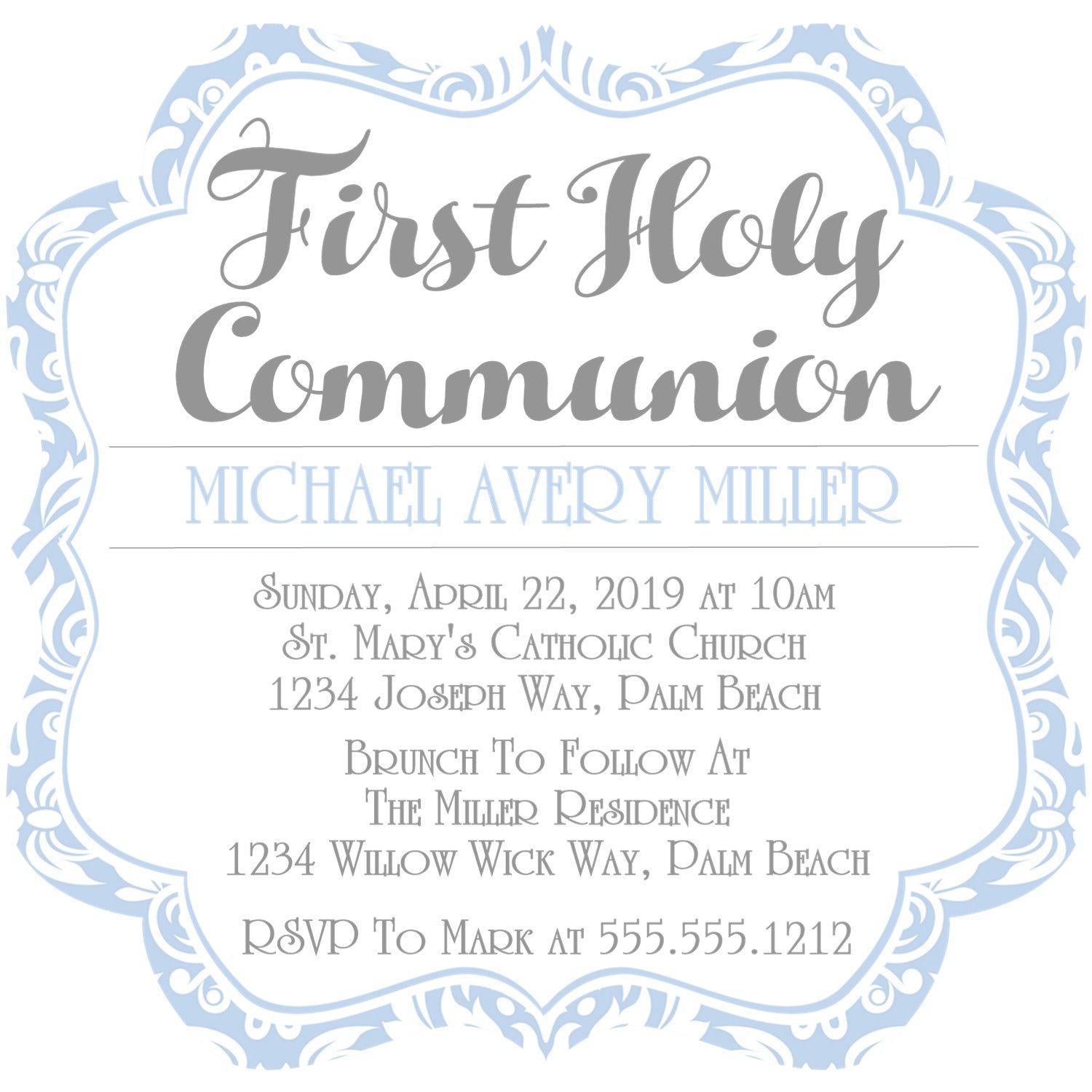 Blue And White Damask First Communion Invitations
