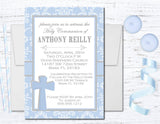 Blue And White Damask First Communion Invitations