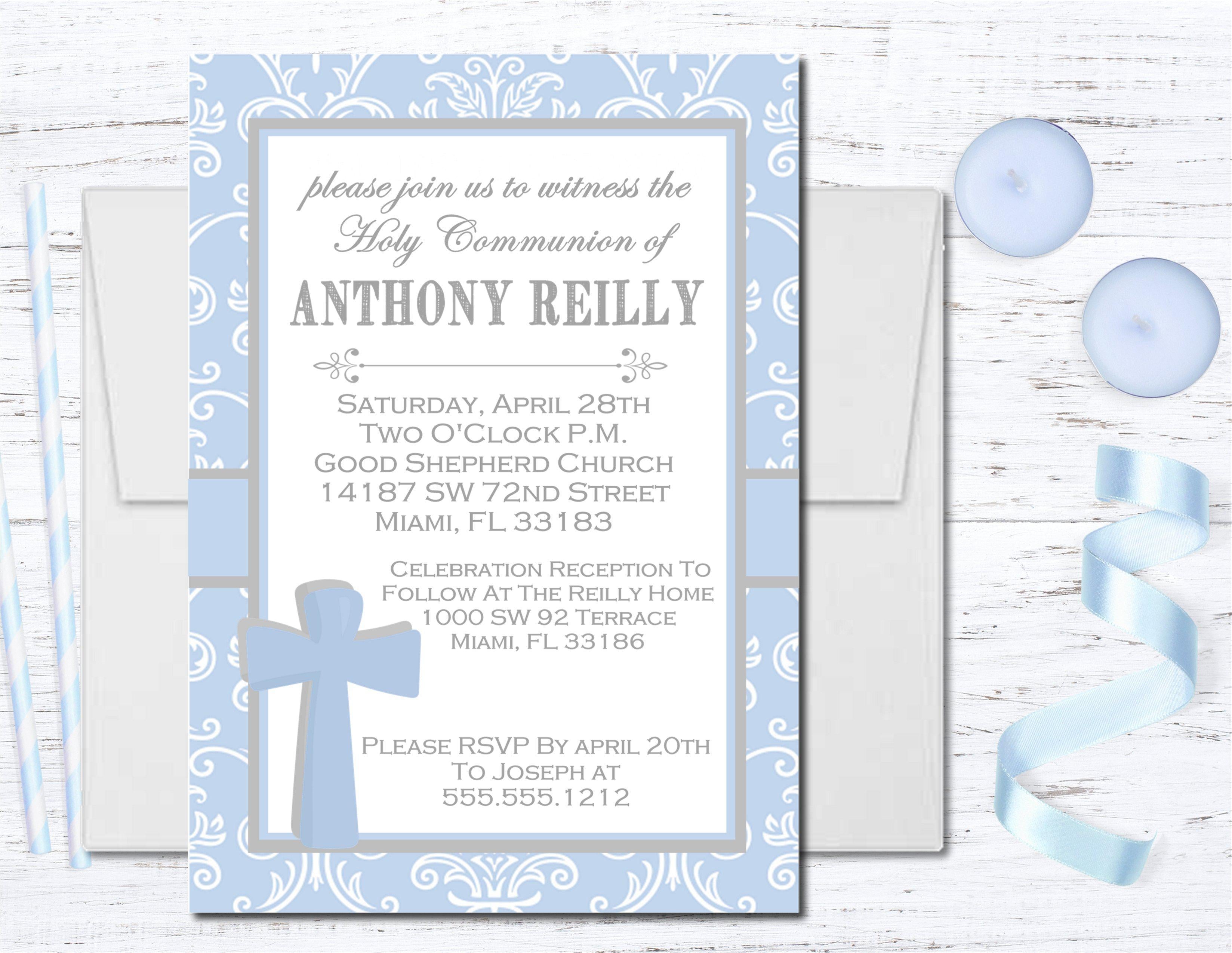 Blue And White Damask First Communion Invitations