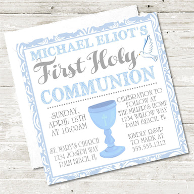 Blue And White First Communion Invitations