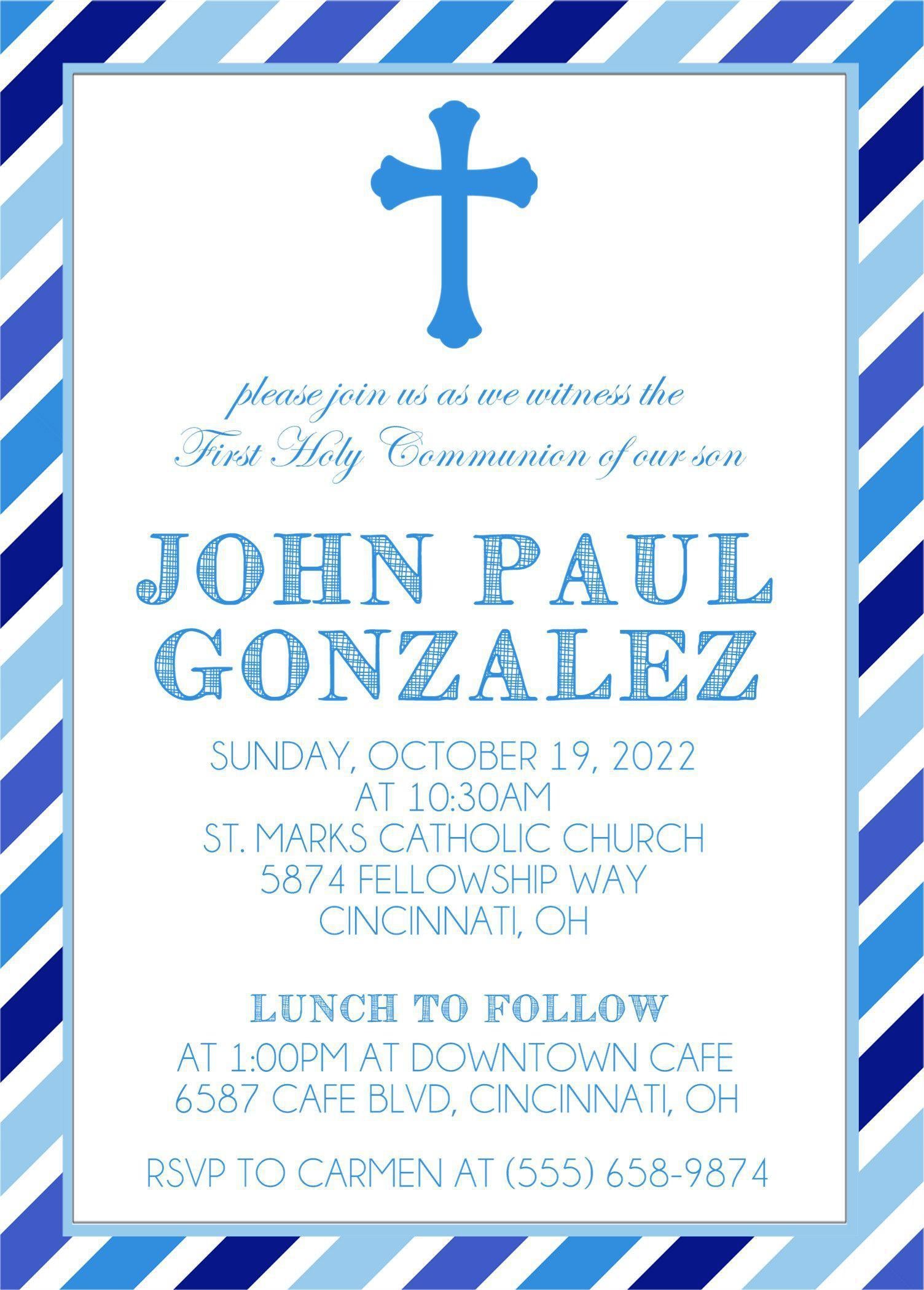 Blue And White Striped First Communion Invitations