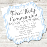 Blue And White Striped First Communion Invitations