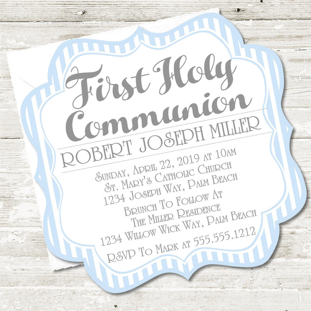 Blue And White Striped First Communion Invitations