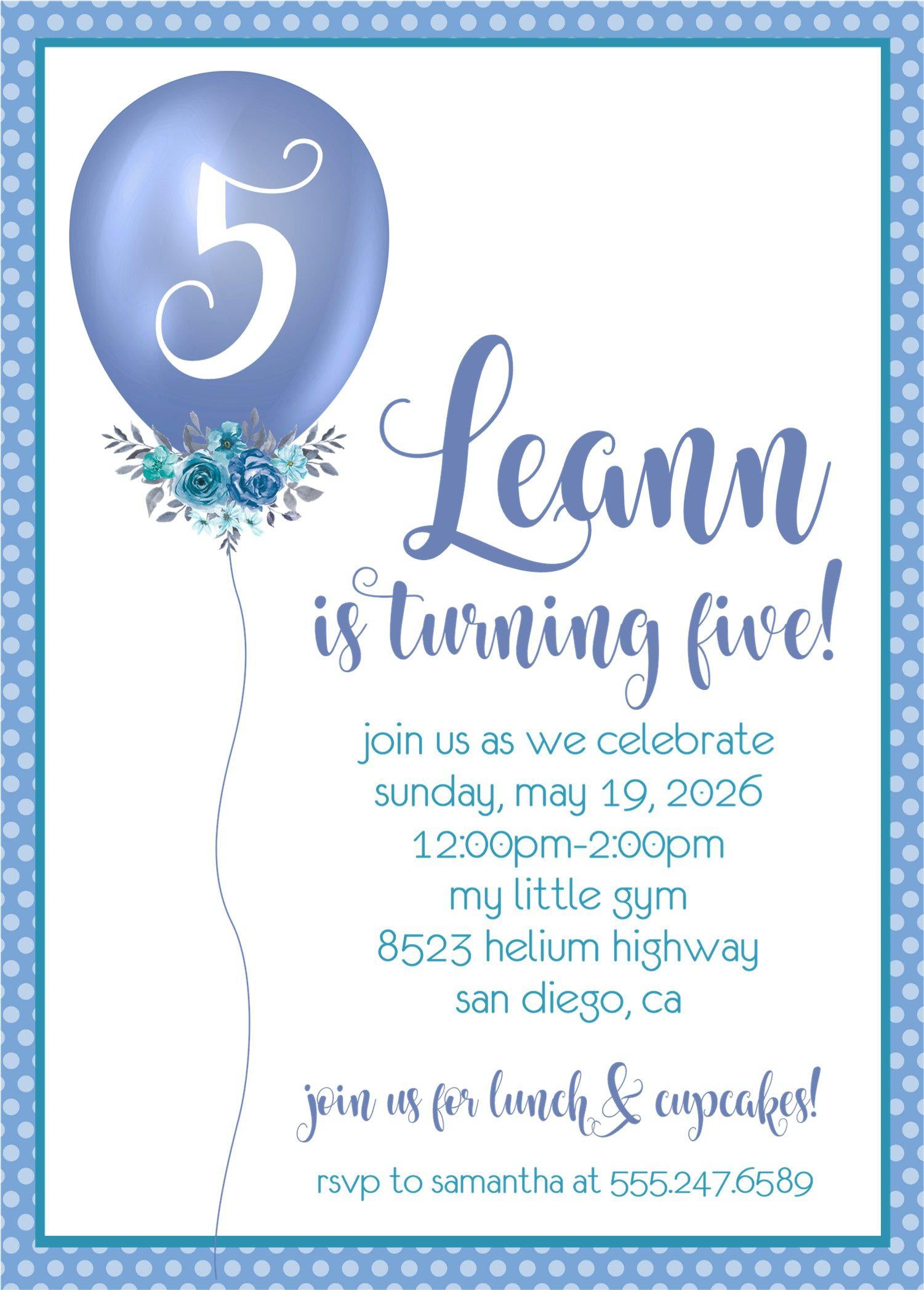 Blue Balloon Birthday Party Invitations