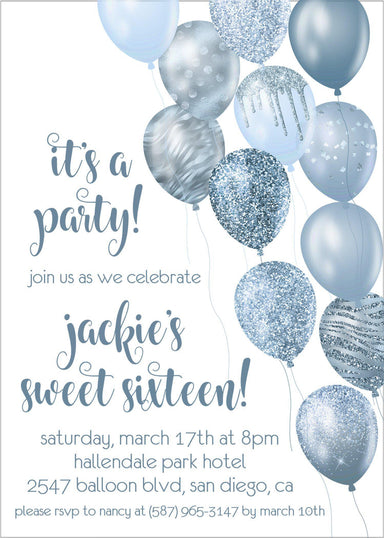 Blue Balloon Sweet 16 Party Invitations