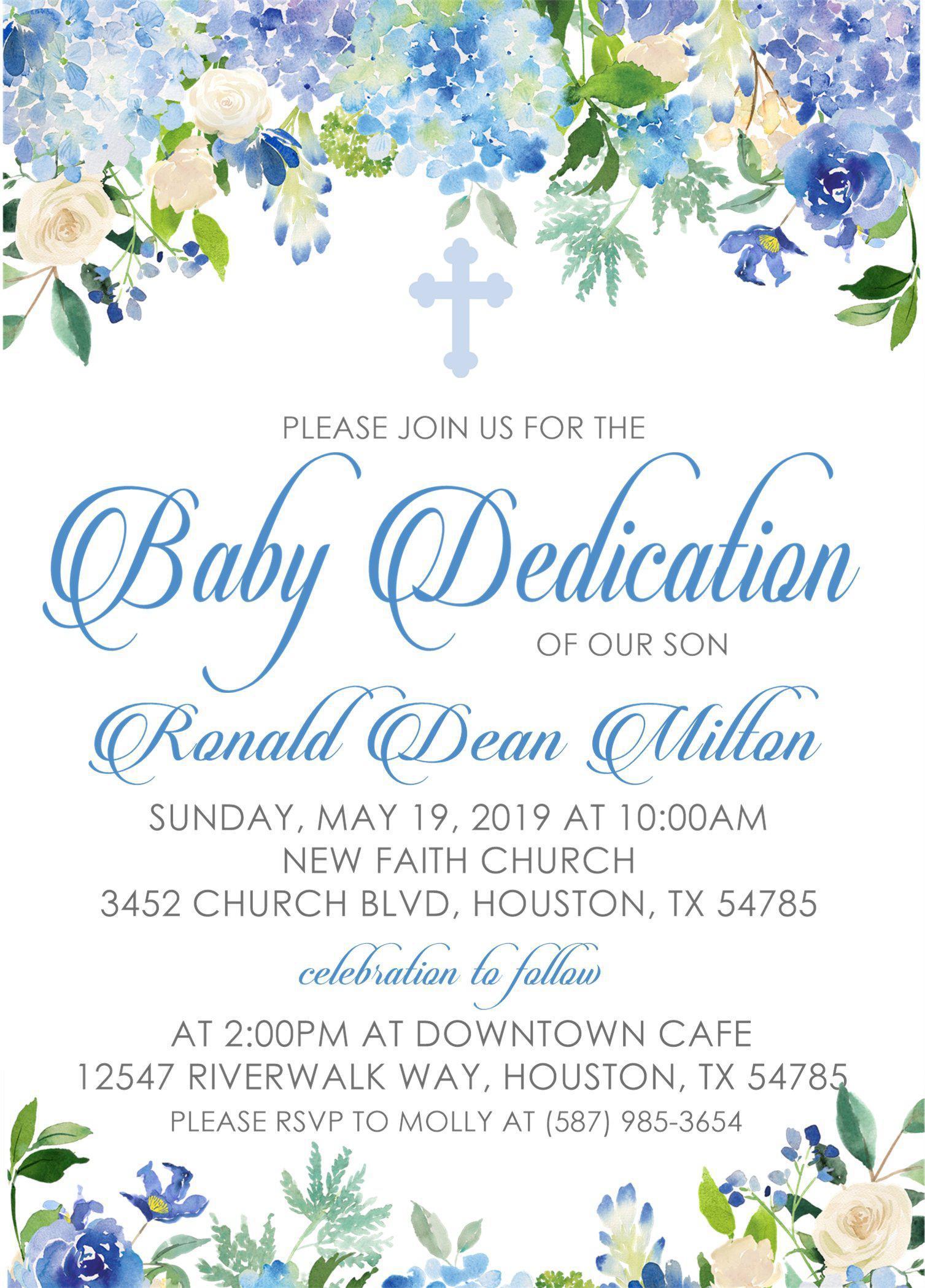 Blue Floral Baby Dedication Invitations