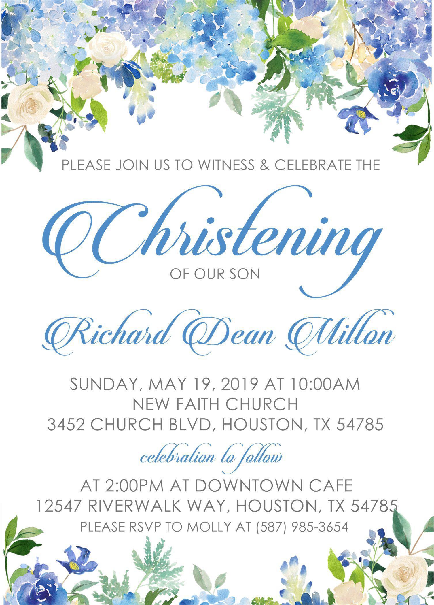 Blue Floral Christening Invitations