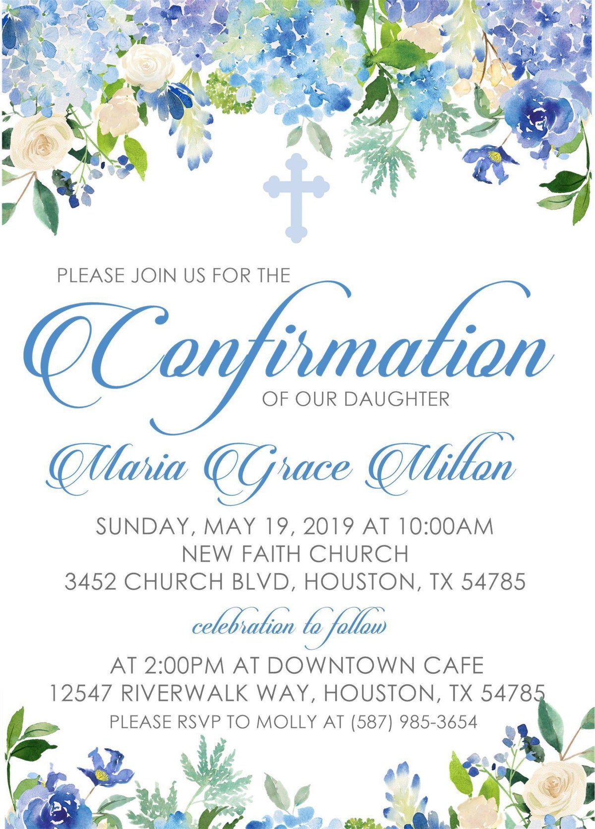 Blue Floral Confirmation Invitations — Party Beautifully