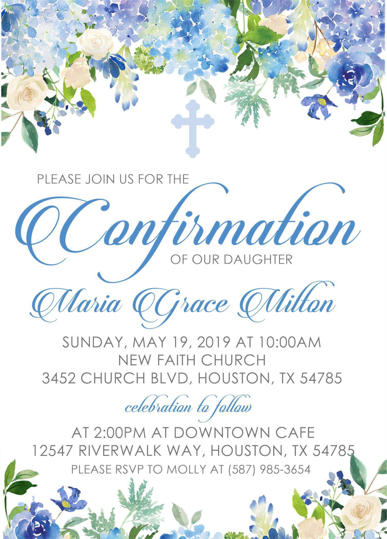 Blue Floral Confirmation Invitations
