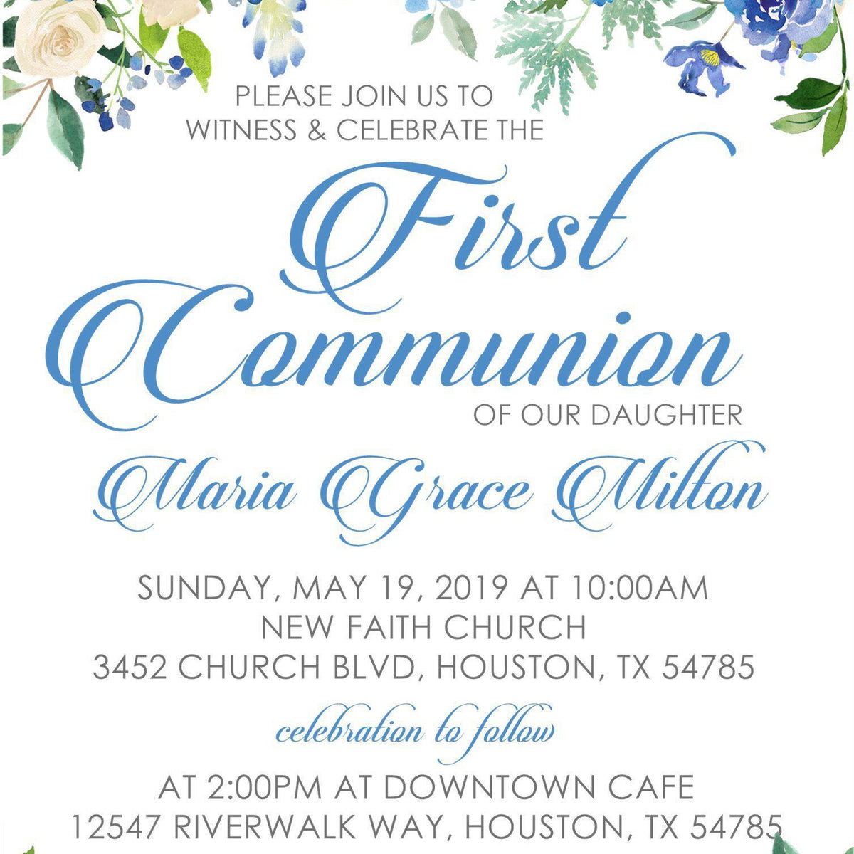 Blue Floral First Communion Invitations — Party Beautifully