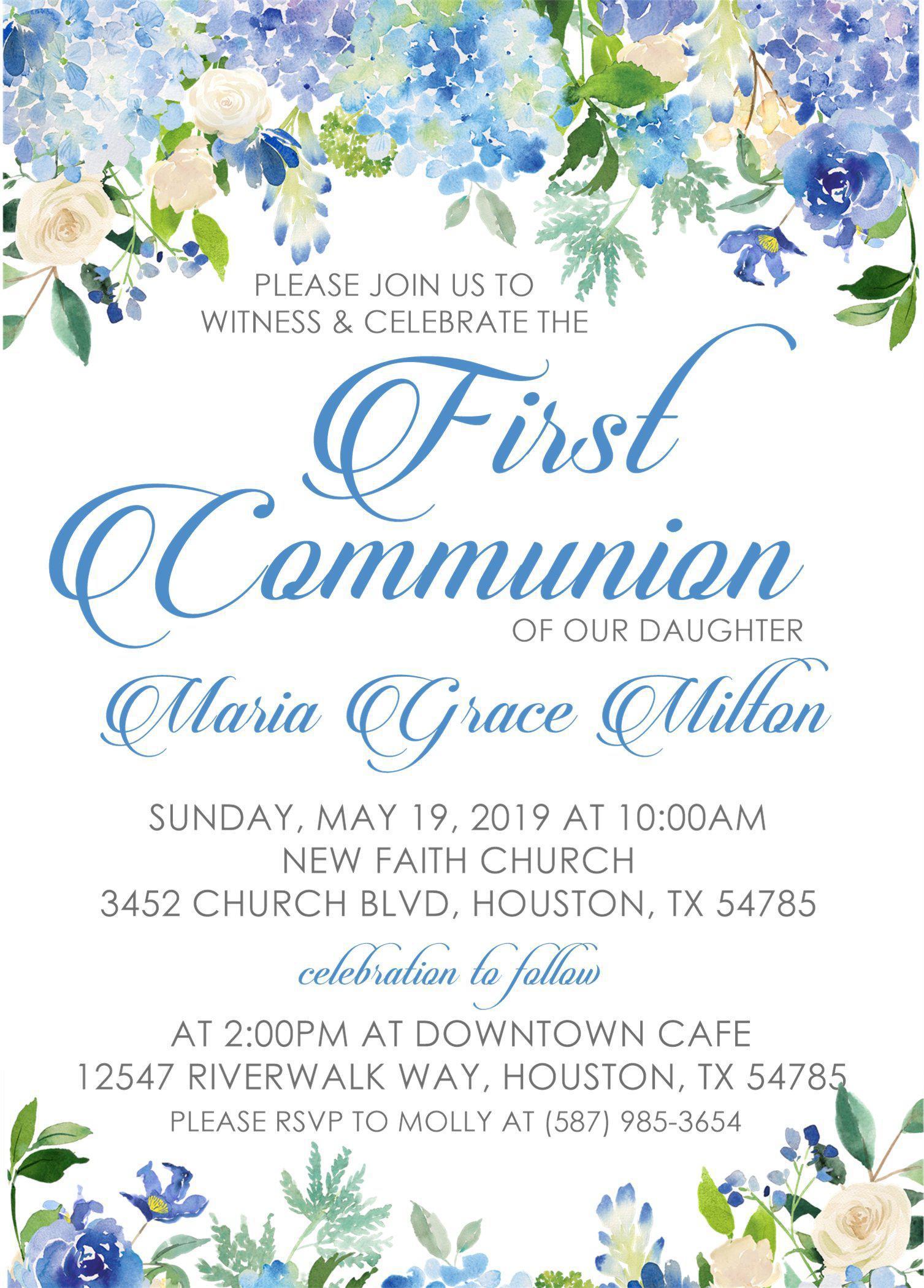 Blue Floral First Communion Invitations