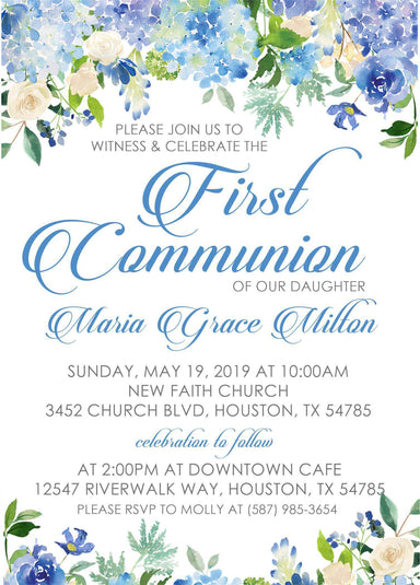 Blue Floral First Communion Invitations