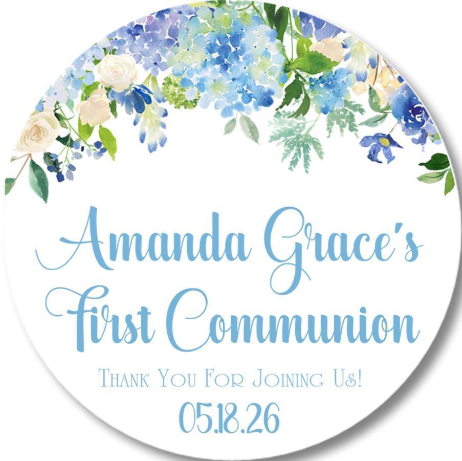Blue Floral First Communion Stickers Or Favor Tags