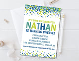 Blue, Green And Yellow Confetti Birthday Party Invitations